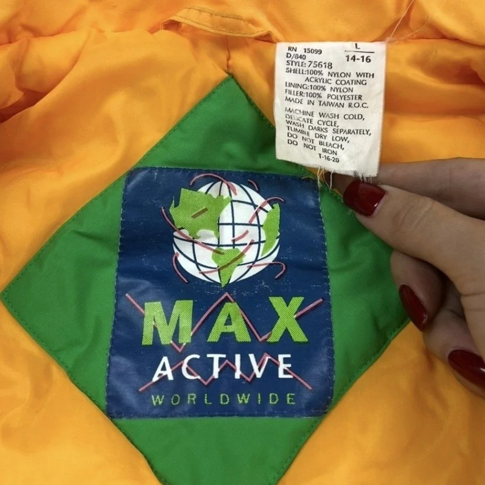 Max Active Puffer Jacket Kids L Green Navy Yellow Vintage Colorblock 73618